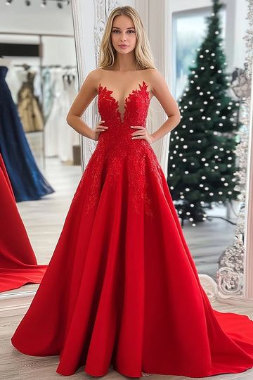 Rød Prinsesse Kjæreste Sateng Applique Lang Ballkjole